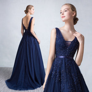 Sexy V-neck Evening Dress Robe De Soiree Tulle With Applique Party Dress Lace Beading Floor-length Prom Dress Bride Banquet Eleg