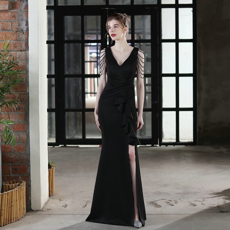 Soft Satin V Neck Beading Evening Dress Candy Color Women Sexy Slit Party Maxi Dress