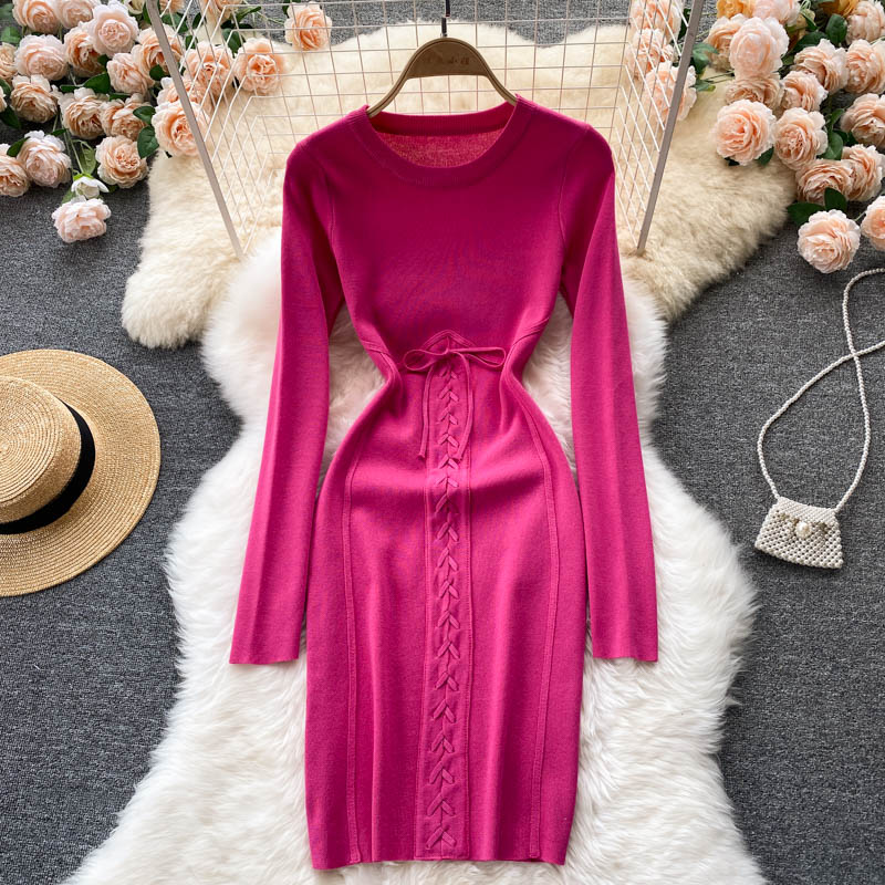 Autumn Winter Dress Women Clothing Crew Neck Long Sleeve Knitted Dress Front Lace Up Night Club Sexy Bodycon Dress