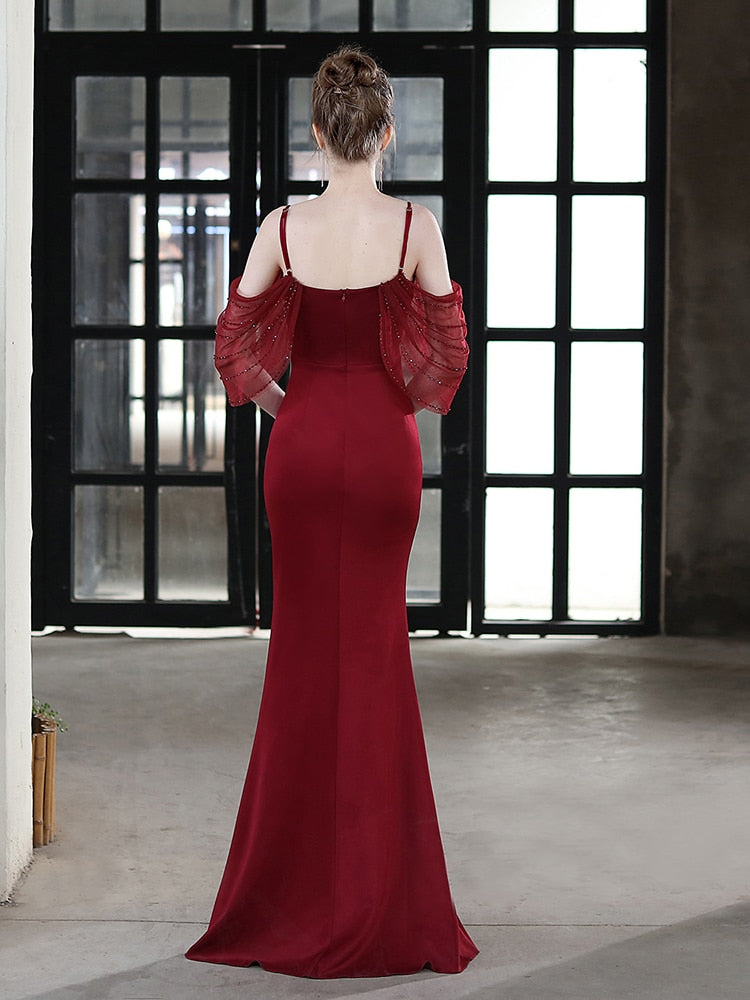 Bishop Sleeve Off The Shoulder V Neck Evening Dress Mermaid Backless Gowns Taffetal Elegant Party Robes Women Occation Vestidoes