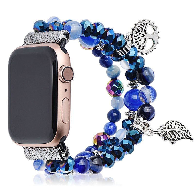 Fashion Women Beads Strap for Apple Watch Band Series 5 4 3 Jewelry Bracelet for IWatch 40/44/38/42mm Belt with Metal Steel Band