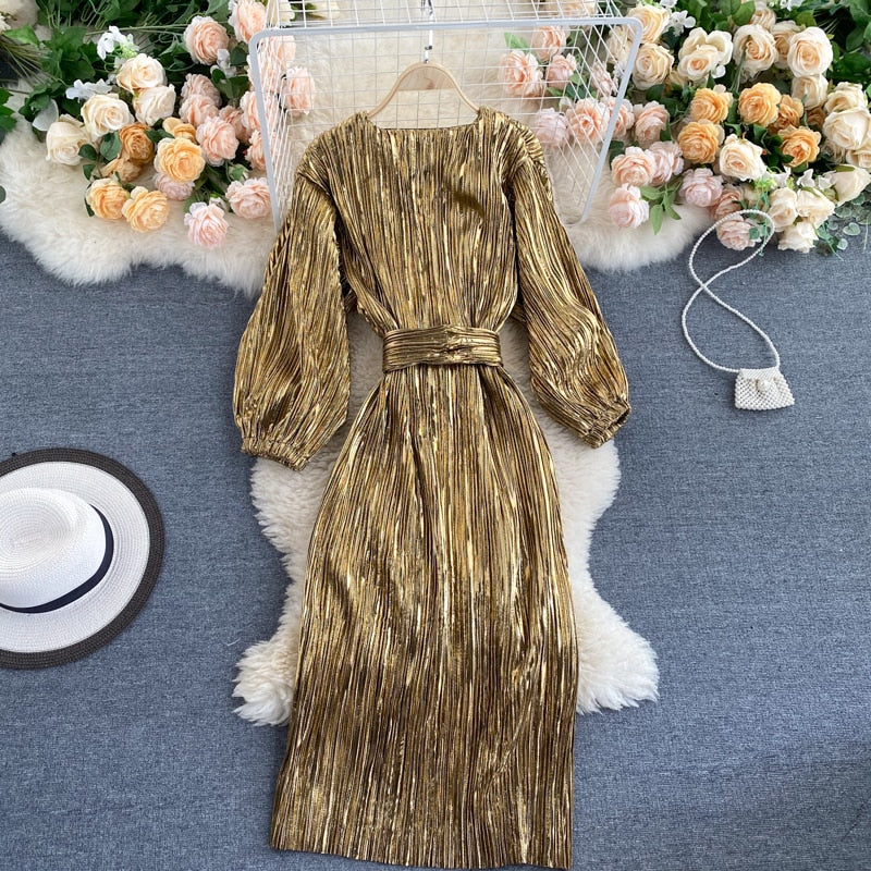 Women Vintage Clothes Gold Shimmer Pleated Elegant Belted Midi Dress Sexy Deep V Neck Evening Party Dress