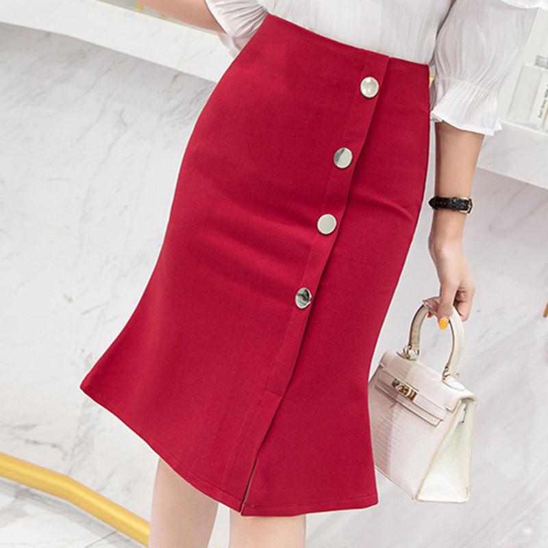 Ladies Elegant Mermaid Spring Office Style Single-breasted High Waist Knee-length Women Skirt