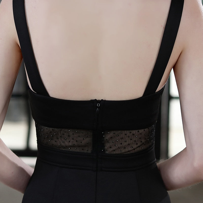 Sexy Slit Evening Dress Women's Black Strap Dress Party Maxi Dress WIth Beading