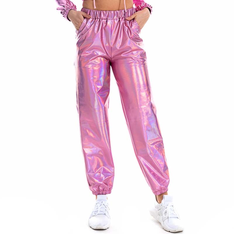 Shiny Holographic Pants Loose High Waist Metallic Trousers Dance Performance Hip Hop Pants Streetwear Joggers