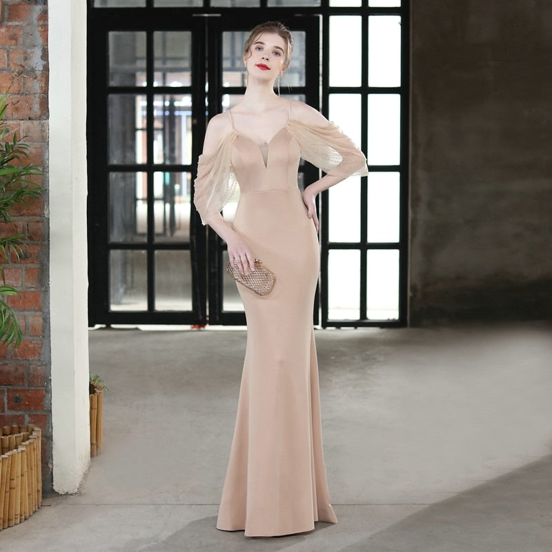 Elegant Beads Black Evening Dress Women's Strap Dress Long Party Dress