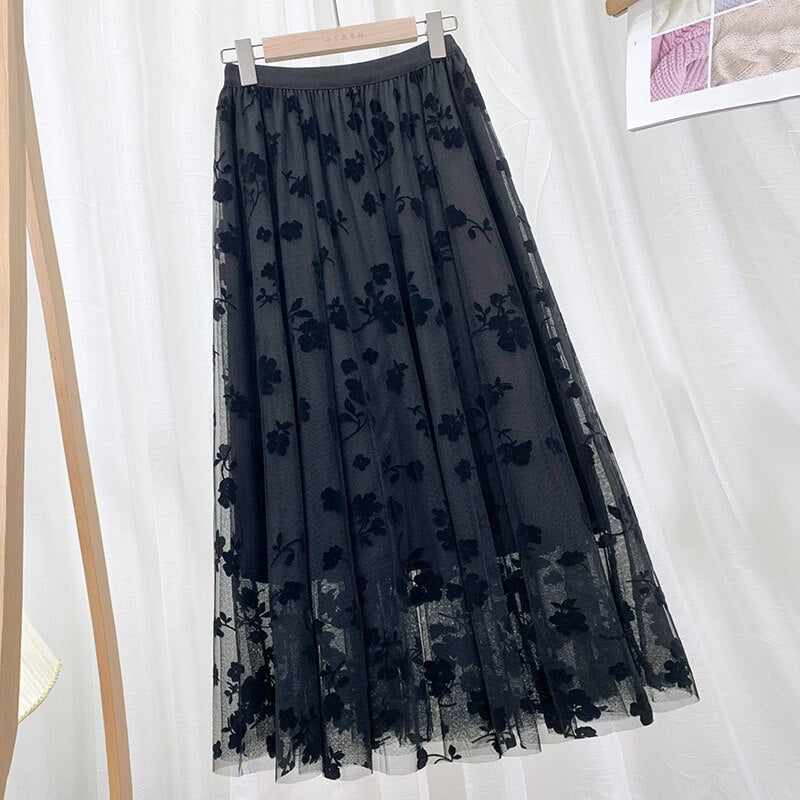 Mid Calf Long Floral Flocking Tulle Women Elastic High Waist Mesh A line Midi Skirt
