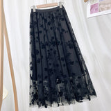 Mid Calf Long Floral Flocking Tulle Women Elastic High Waist Mesh A line Midi Skirt
