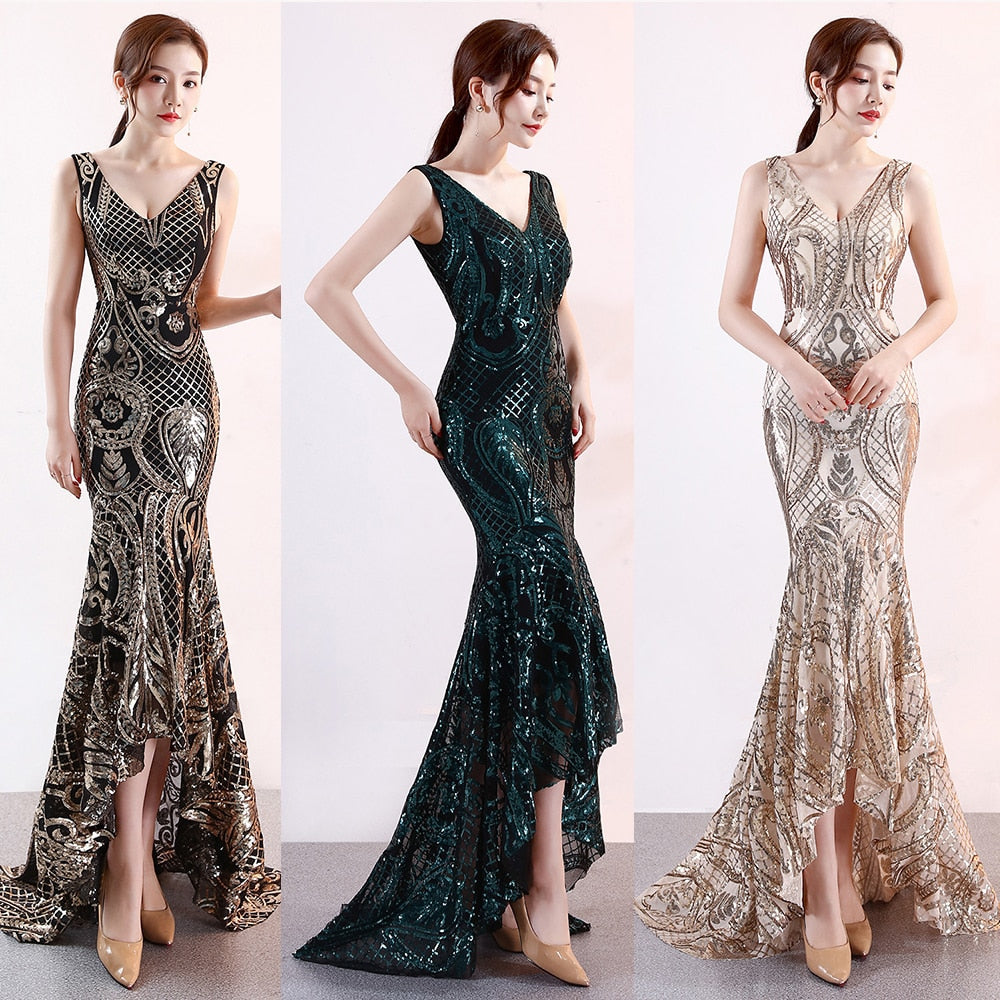 Asymmetrical Floor-Length Tulle Sequins V-Neck Sleeveless Party Dresses Embroider Vestidoes Formal Robe