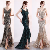 Asymmetrical Floor-Length Tulle Sequins V-Neck Sleeveless Party Dresses Embroider Vestidoes Formal Robe