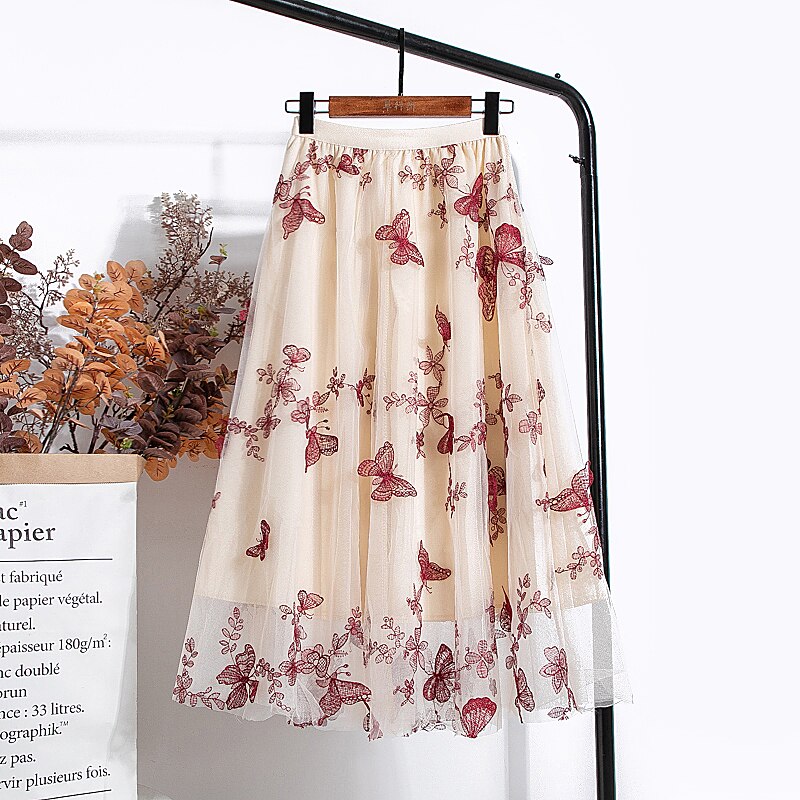 Woman Elegant Vintage Butterfly Embroidered A-Line Mesh Midi Skirt Elastic High Waist Summer Skirts