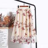 Woman Elegant Vintage Butterfly Embroidered A-Line Mesh Midi Skirt Elastic High Waist Summer Skirts