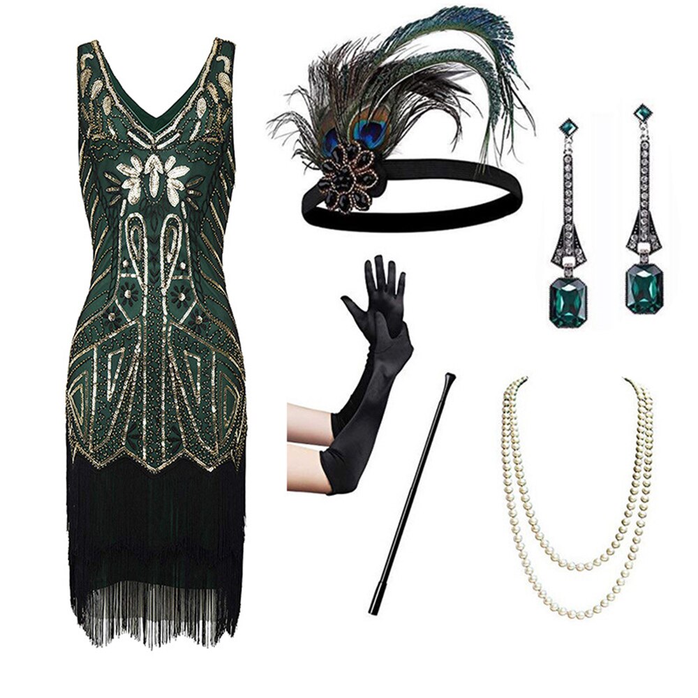 1920s Retro Sequin Tassel Dress Pin Bead Tassel Party Dinner Dress With Accessories
