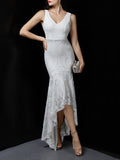 Asymmetrical Floor-Length Tulle Sequins V-Neck Sleeveless Party Dresses Embroider Vestidoes Formal Robe