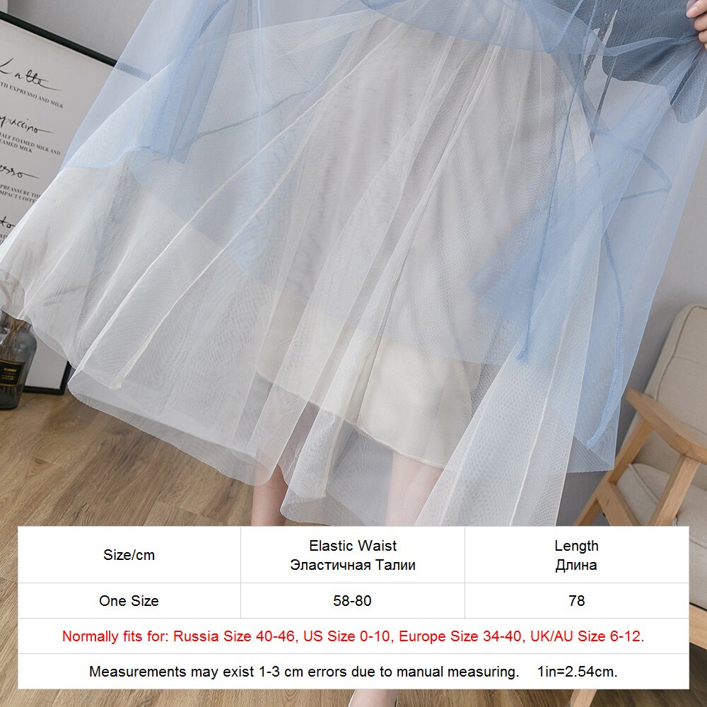 Summer Elastic High Waist Mesh Midi Skirt Ladies Elegant Big Swing A Line Skirt
