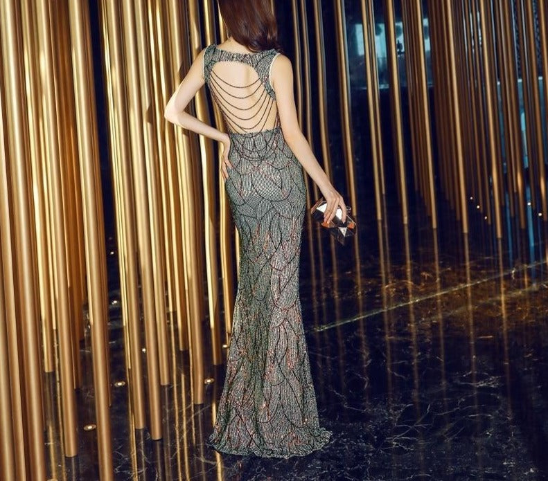 Slit Sexy Sequins Evening Dress Womens V-neck Backless Beading Long Party Dress
