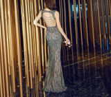 Slit Sexy Sequins Evening Dress Womens V-neck Backless Beading Long Party Dress