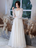A-line Prom Long-sleeve Women Party Dresses Sequins Elegant Formal Robe Square Neck Evening Dress