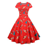 Multicolor Print Red Christmas Gift Women Party Dress Swing A Line O Neck High Waist Cap Sleeve Vintage 50S Style Clothes