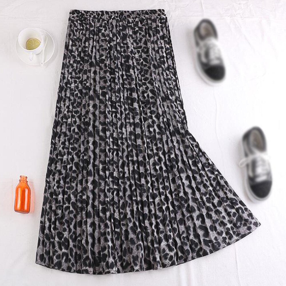 Summer High Waist A-Line Pleated Long Vintage Women Elegant Leopard Snake Printed Maxi Skirt