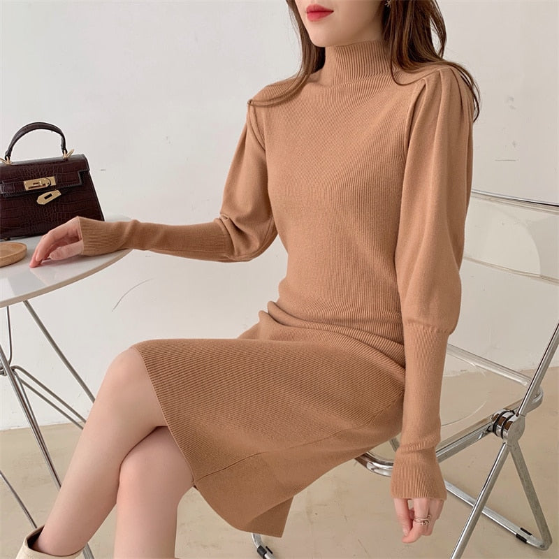 Autumn Winter Fashion Sexy Half High Neck Women's Mini Knit Dress Casual Bodycon Solid Long Sleeve Ladies Dress