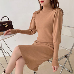 Autumn Winter Fashion Sexy Half High Neck Women's Mini Knit Dress Casual Bodycon Solid Long Sleeve Ladies Dress