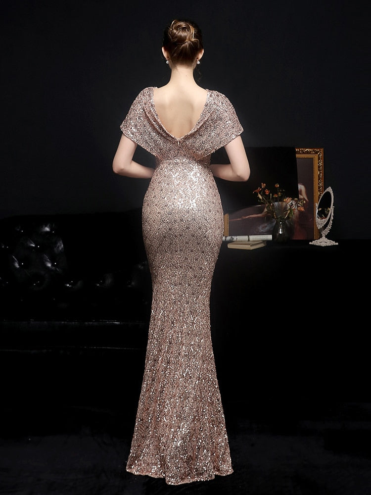 Women Gold Sequin Dress V Neck Beaded Party Maxi Elegant Evening Dress