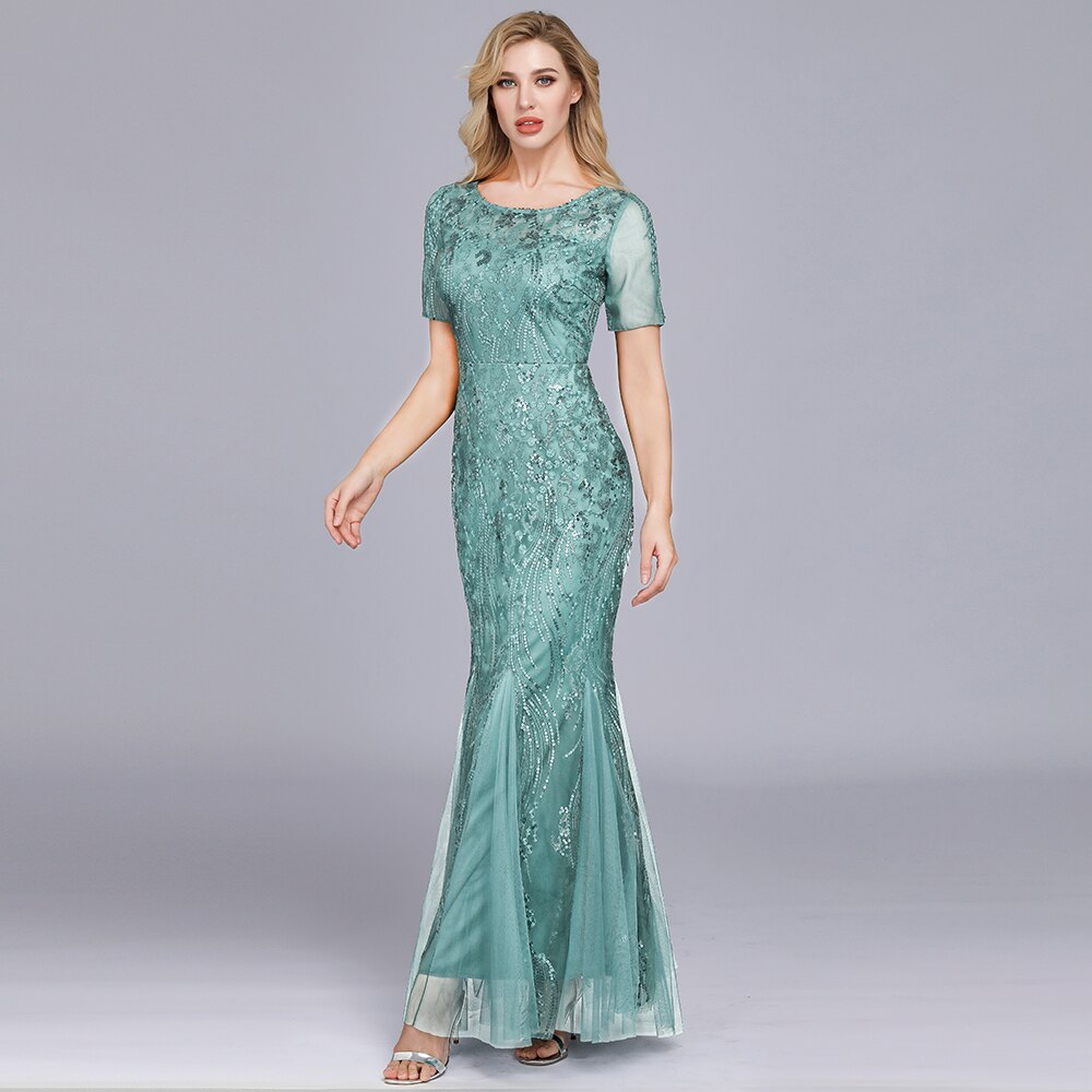 Silver Gray Elegant Fashion Evening Dresses Sexy Simple V Collar Open Back Sleeveless Embroidered Beads Fishtail Dress Gown