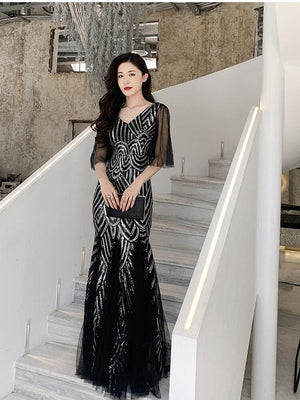 Black Evening Dress Double-V Tulle Sequins Formal Robe De Soriee Elegant Mermaid Prom Gowns Short-Sleeve Women Party Dresses