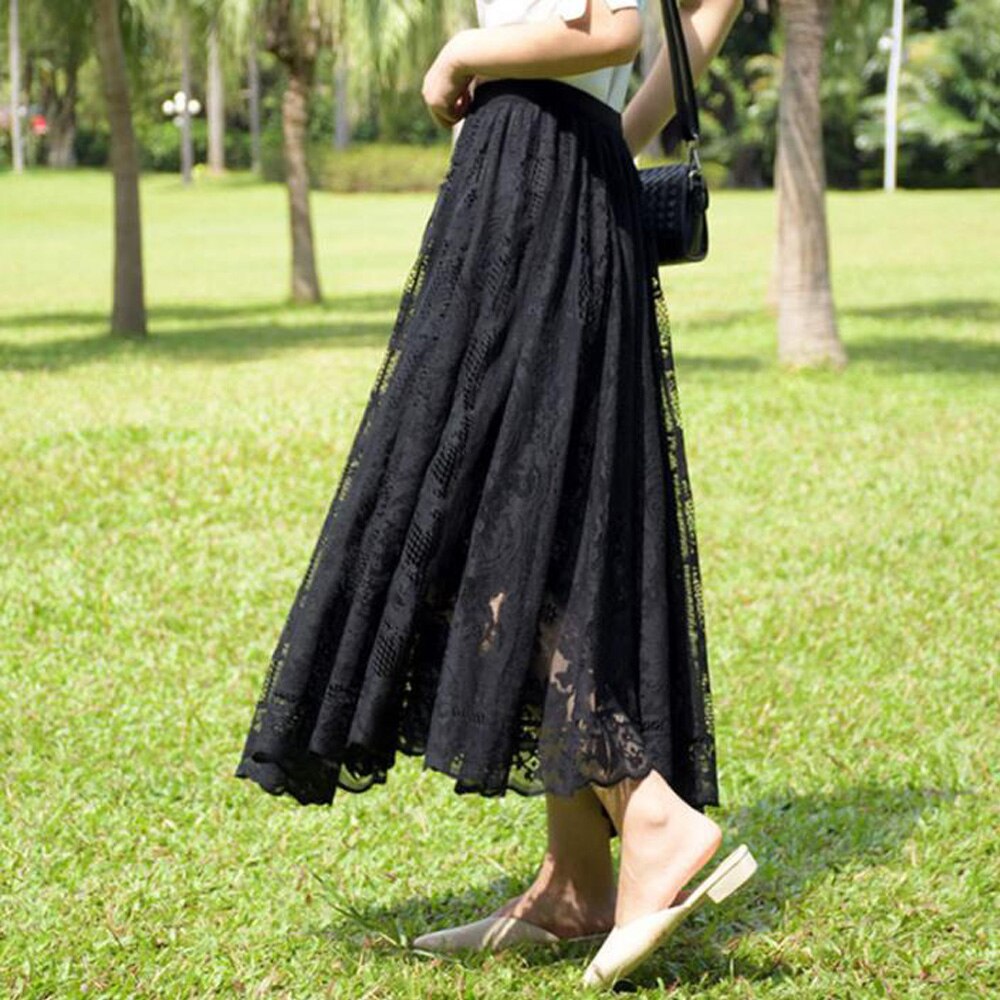 Long Boho Vintage Lace Pleated Korean Summer Solid White A-Line Maxi Skirt