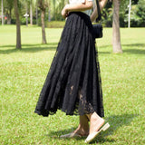 Long Boho Vintage Lace Pleated Korean Summer Solid White A-Line Maxi Skirt