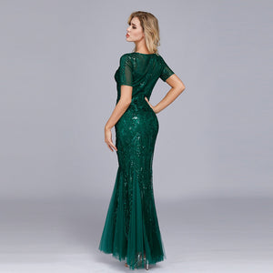 Embroidered beaded Fabric Prom Dresses Sugar Color O-Neck Short Sleeve Elegant Little Mermaid Dresses Formal Party Gowns