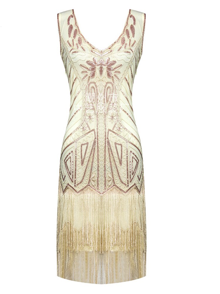 1920s Retro Sequin Tassel Dress Pin Bead Tassel Party Dinner Dress With Accessories