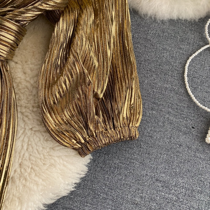 Women Vintage Clothes Gold Shimmer Pleated Elegant Belted Midi Dress Sexy Deep V Neck Evening Party Dress