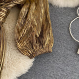 Women Vintage Clothes Gold Shimmer Pleated Elegant Belted Midi Dress Sexy Deep V Neck Evening Party Dress