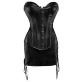 Women Gothic Faux Leather Corset Dress Sexy Overbust Corset Bustier Lingerie Top With Mini Skirt Set Party Burlesque Costume