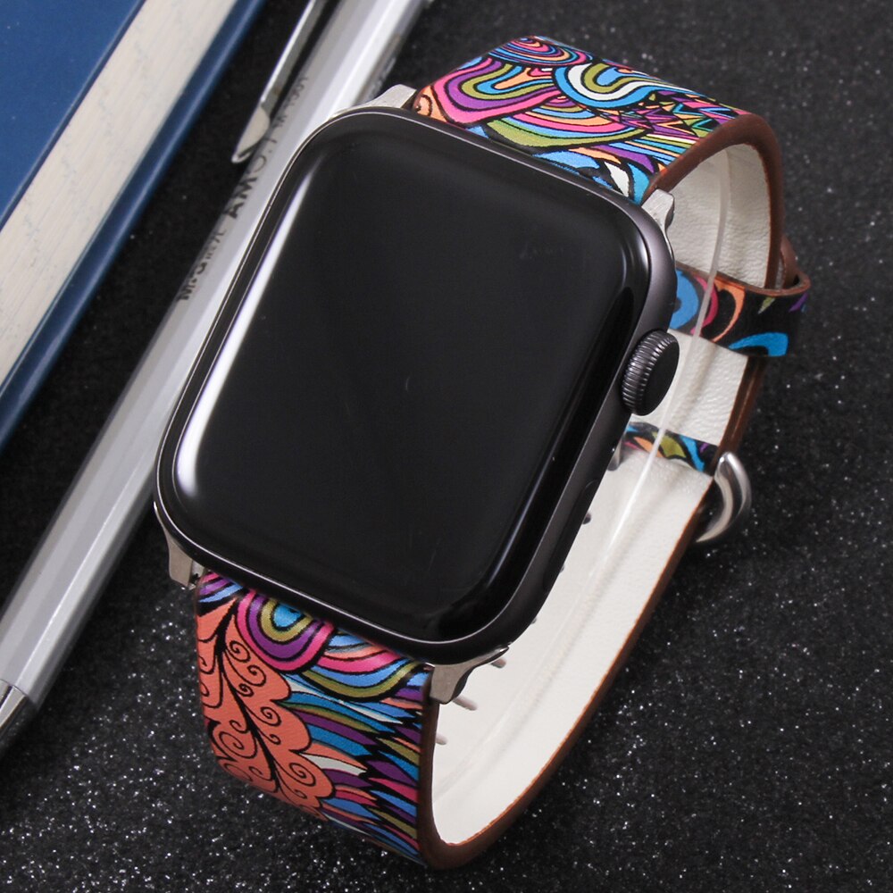 Band for apple watch 5 4/3/2/1 38MM 40MM Floral Paragraph Leather Replacement Strap for Apple iWatch Series 5 4/3/2/1 42 44MM