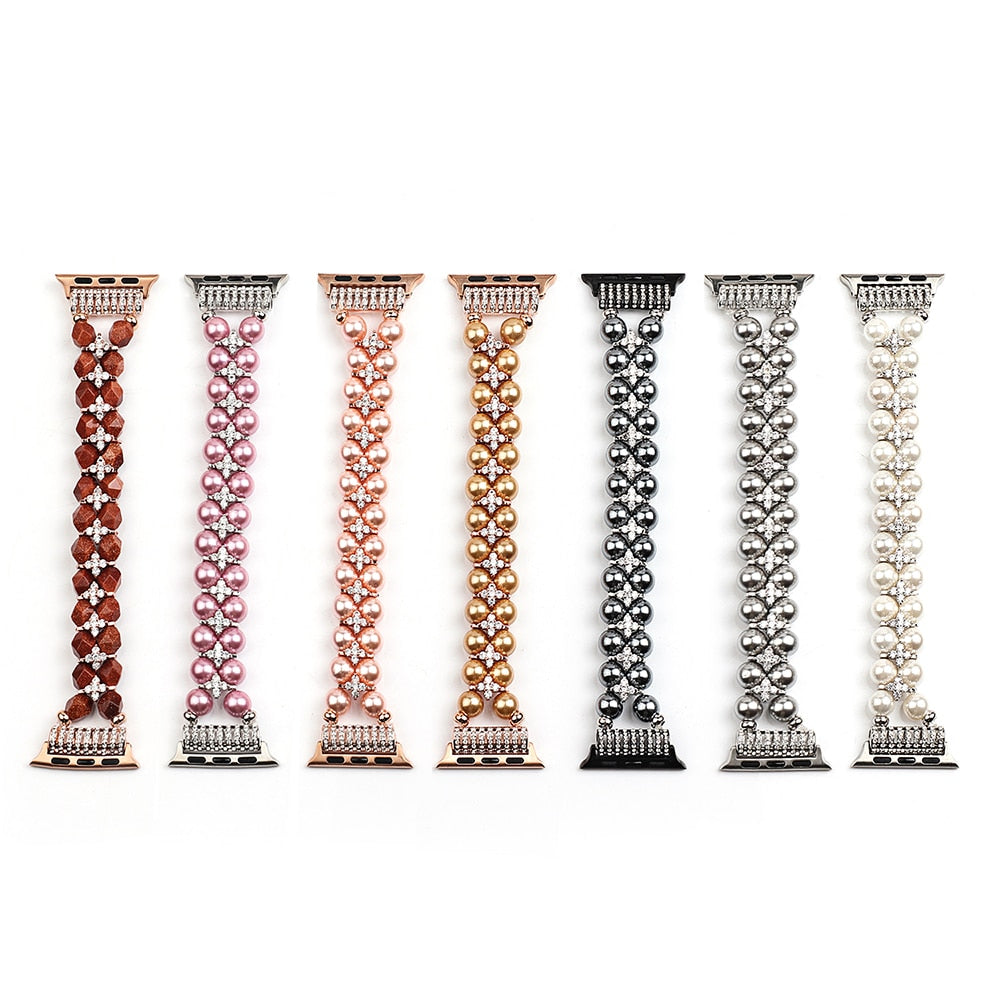 Elegant Watchband Compatible for Apple Watch Band 38mm 40mm 42mm 44mm Pearls Beaded Stretch Bracelet Watch Strap Bands for Women