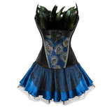 Women Sexy Peacock Feathers Embroidery Overbust Corset Bustier Lingerie Top With Mesh Mini Skirt Set Burlesque Corset Dress