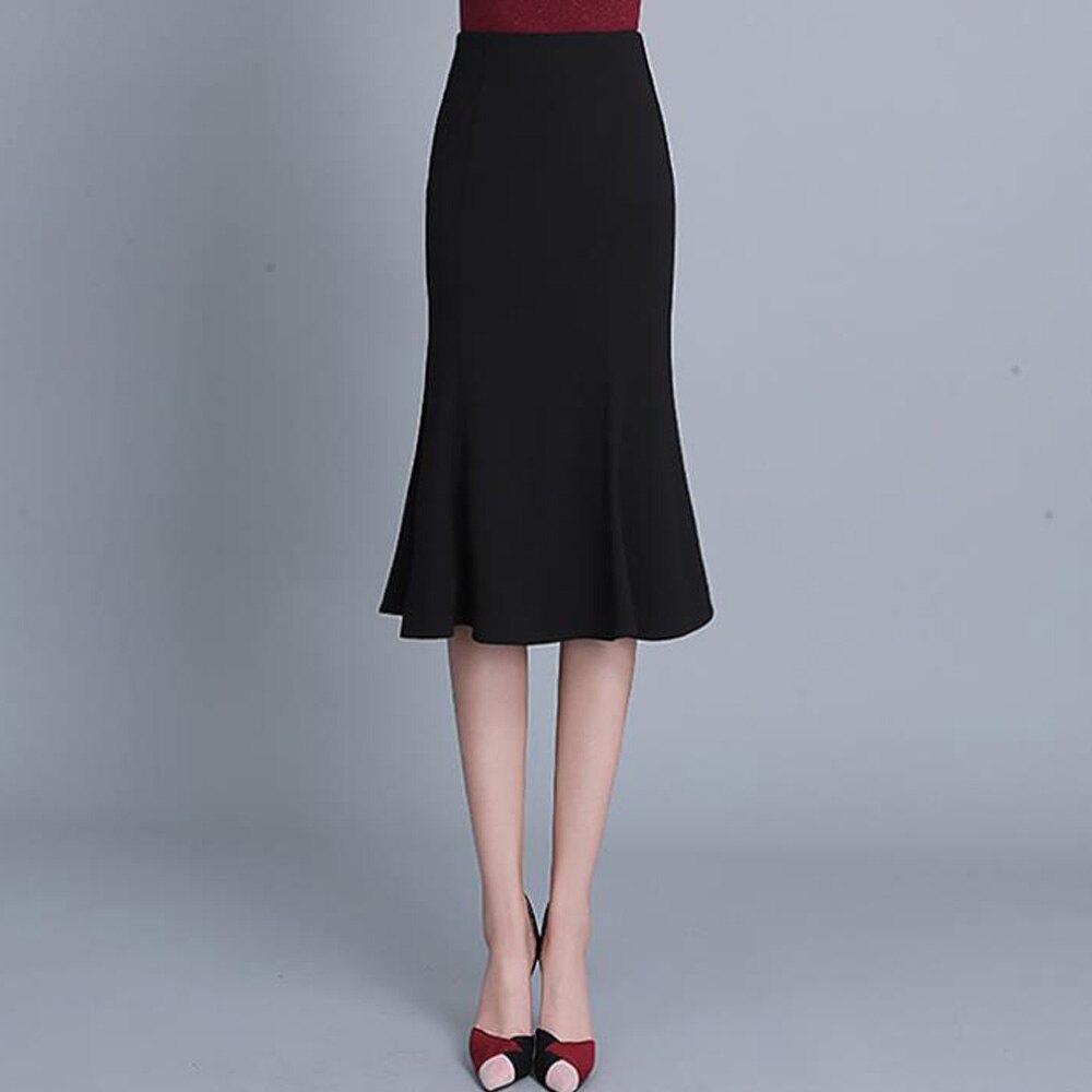 Women Solid Black High Waisted Summer Long New Elegant Ladies Office Skirts