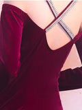 Vintage Velvet Evening Dresses Long-sleeve Off-shoulder Gowns Sexy Backless High Split Robe De Soriee Diamond Formal Dress