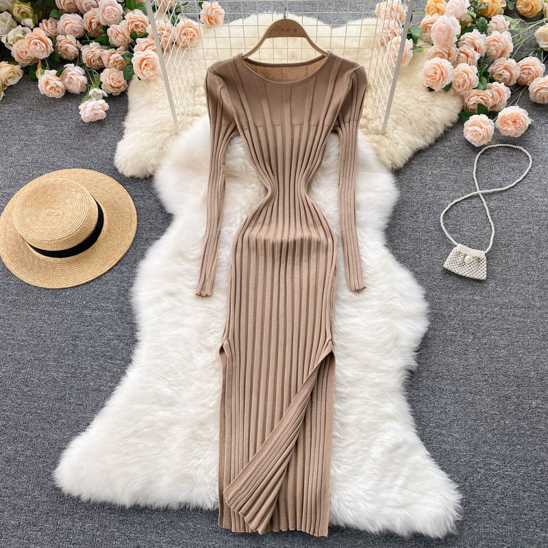 Autumn Winter Midi Dress Women O-Neck Long Sleeve Ribbed Knitted Dress –  jetechband