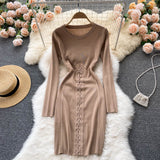 Autumn Winter Dress Women Clothing Crew Neck Long Sleeve Knitted Dress Front Lace Up Night Club Sexy Bodycon Dress