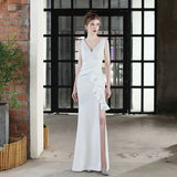 Soft Satin V Neck Beading Evening Dress Candy Color Women Sexy Slit Party Maxi Dress
