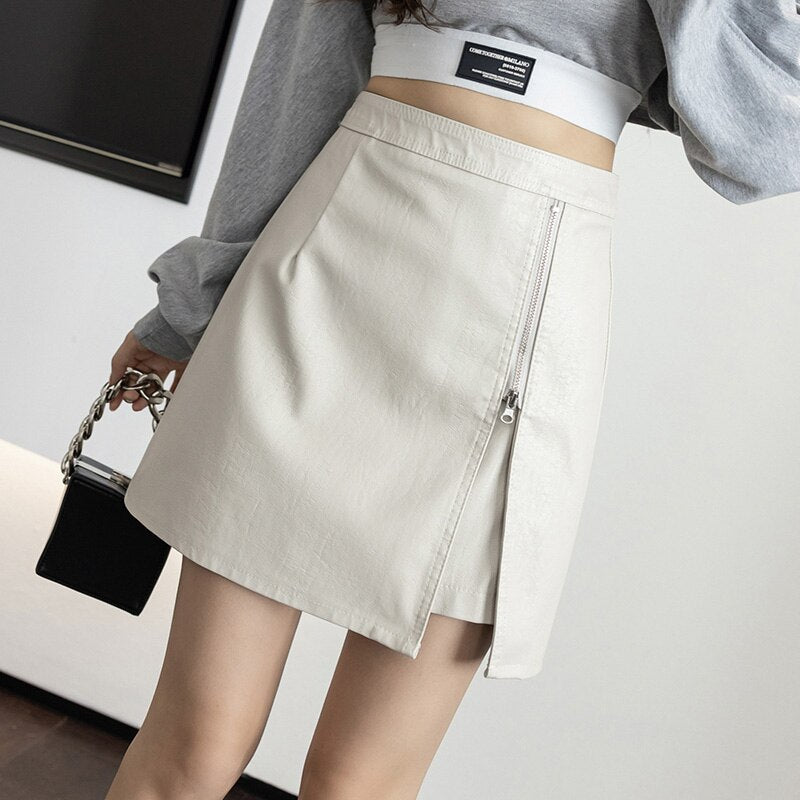 Women High Waist PU Leather Short Skirt Spring Fashion Korean Style All-match Ladies A-line Mini Skirts