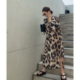 Autumn Women Lantern Sleeve V-neck Dress Sexy Leopard Print Mid-length Elegant Lady Party Dress New Clothes
