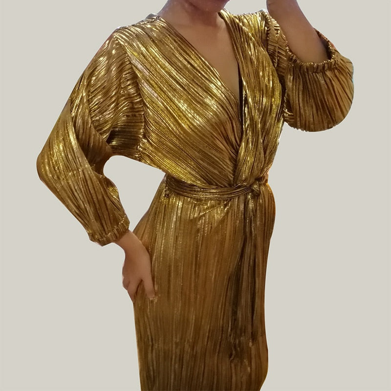 Women Vintage Clothes Gold Shimmer Pleated Elegant Belted Midi Dress Sexy Deep V Neck Evening Party Dress