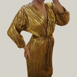 Women Vintage Clothes Gold Shimmer Pleated Elegant Belted Midi Dress Sexy Deep V Neck Evening Party Dress