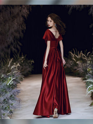 Big A-line Evening Dress Burgundy Double V-neck Prom Gown Short Cap-sleeve Party Robe Long Stain Formal Women Custom-made Dress