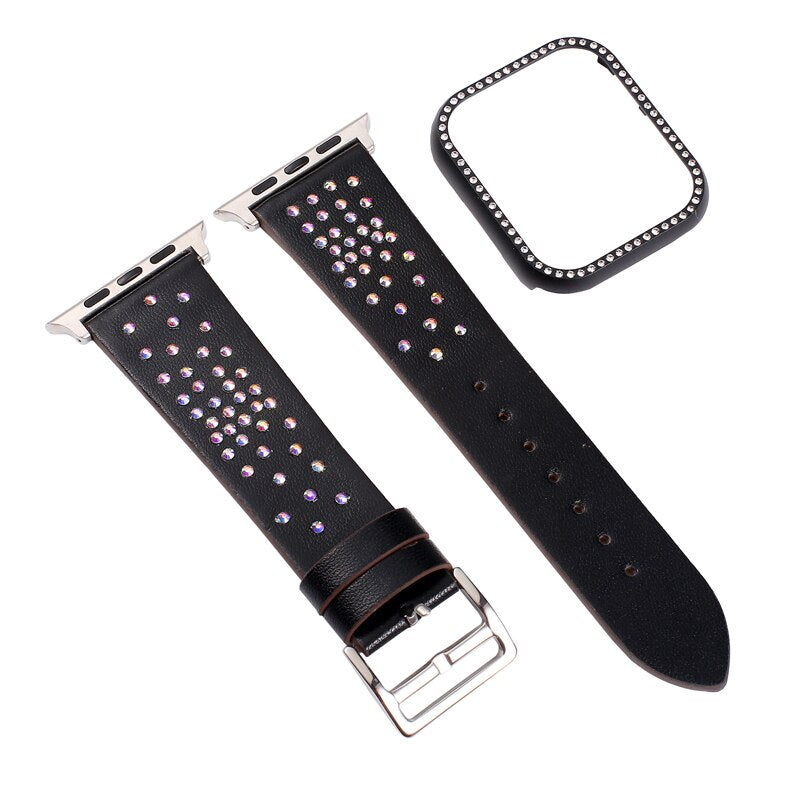 Diamond leather Bracelet strap+case for apple watch 4 44/40mm Protective Bumper Cover accessory For iWatch series 3 2 1 42/38mm